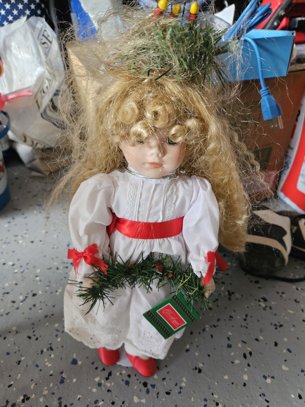 Christmas Blonde Doll in White Dress with Red Accents